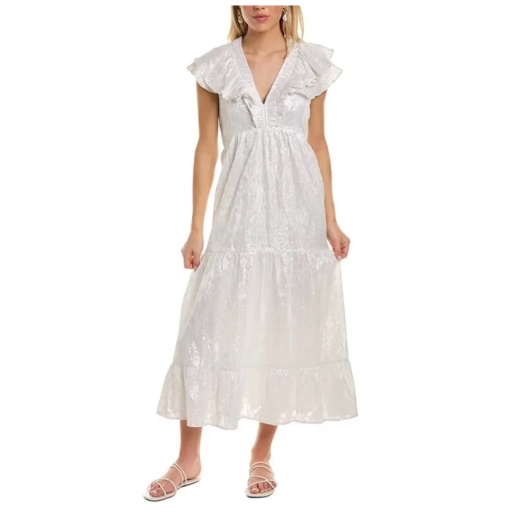 Roller Rabbit Lurex Ondine V-Neck Cap Ruffle Sleeve A-Line Midi Dress‎ Length